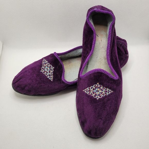 Foamtreads Purple Velvet Embroidered Slippers Vintage Hard Bottom Soft Shell - Picture 9 of 9